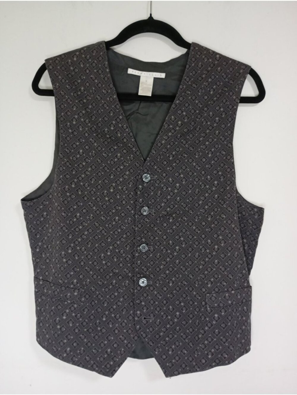 Perry Ellis Mens Grey Pattern Button-Up Vest Size S 100% Cotton Shell Lined